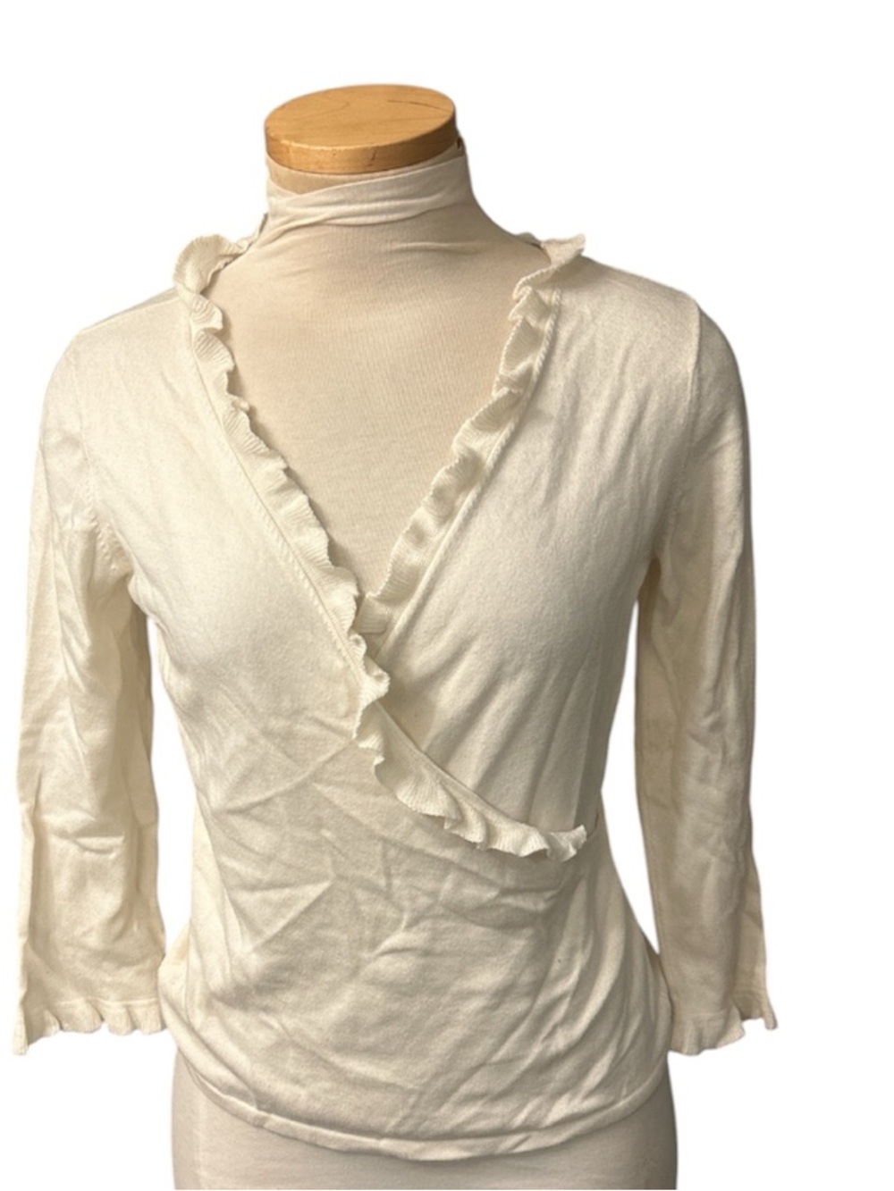 Etcetera Ivory Ruffle Faux Wrap V-Neck Sweater with Quarter Sleeves Size S